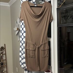 Sz Med⭐️New Venus Light Brown Cowl Neck Tie Waist,Pockets Utility Dress
